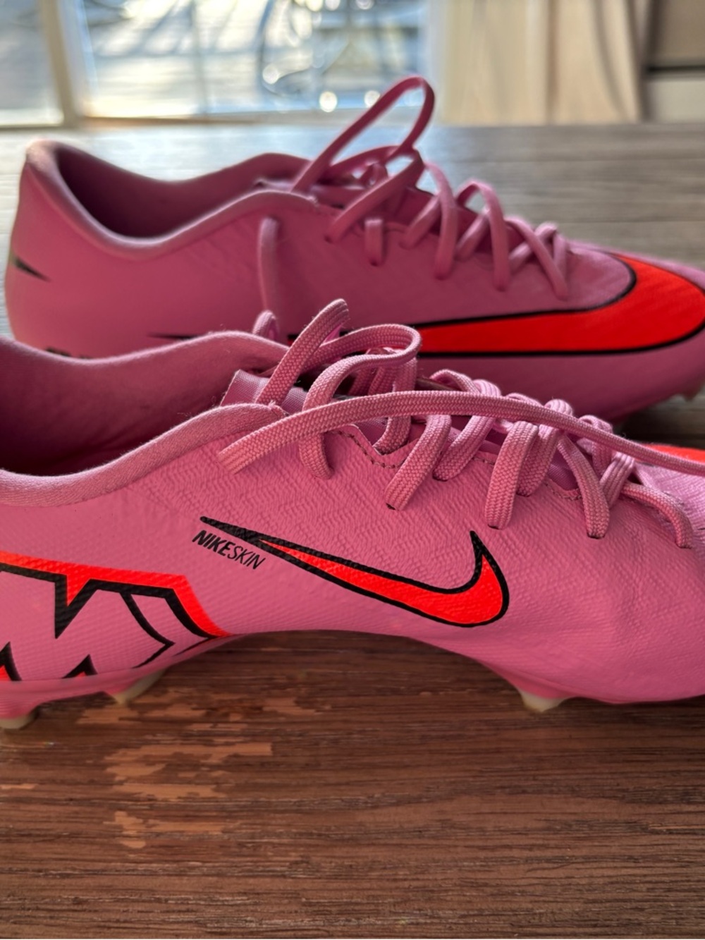 Nike Pink Mercurial Vapor Soccer Cleats with Orange Swoosh and Black Outline - Picture 2 of 4